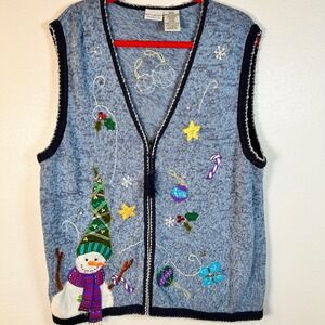 White Stag Womens Plus Blue Snowman Christmas Ugly Sweater Vest 18W 20W Vintage